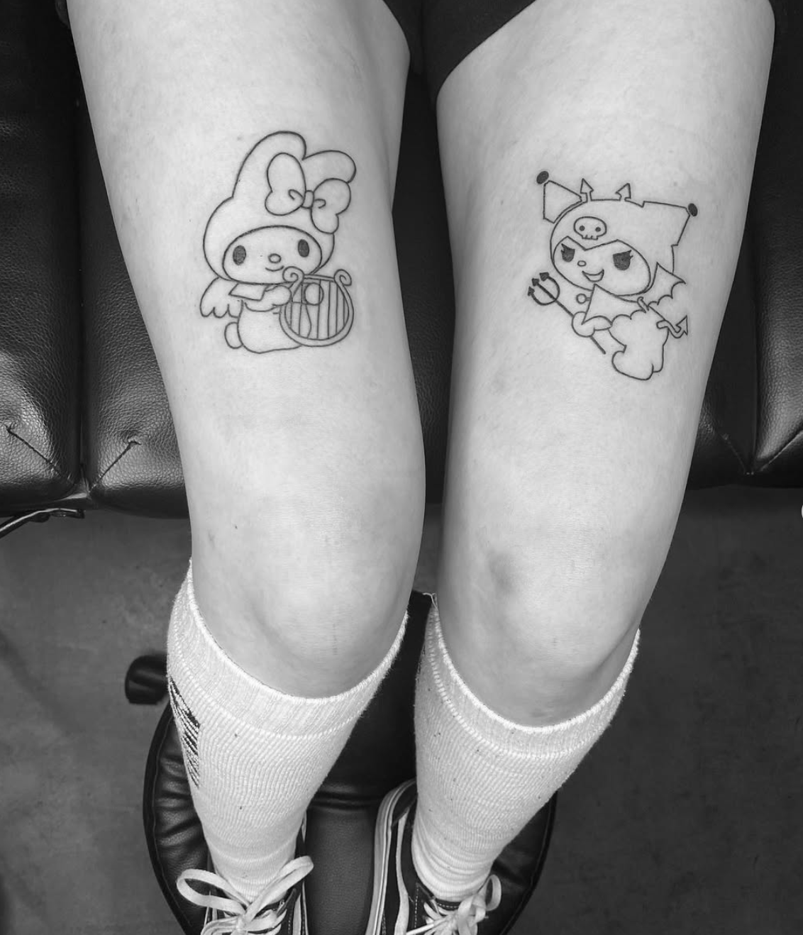 Matching Sanrio character knee tattoos