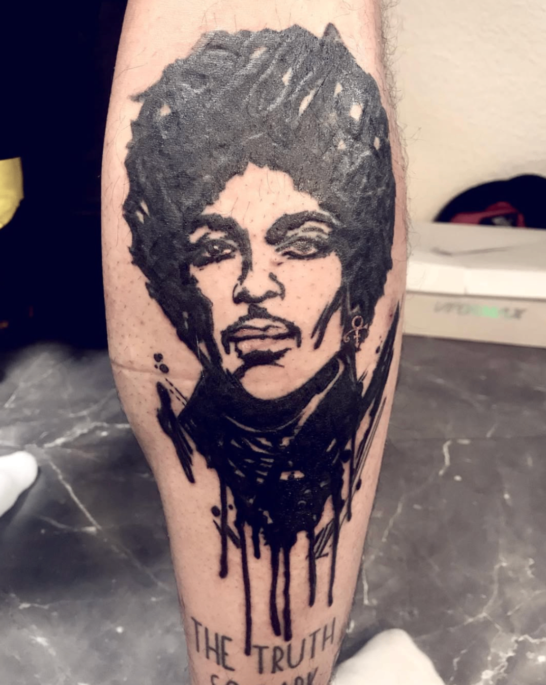 Prince portrait with ink-drip detail on calf
